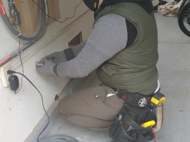 Electrician performing outlet wiring in a West Reading garage